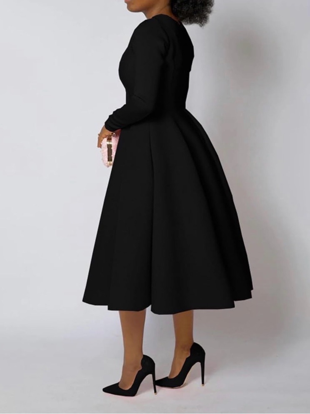Elegant Black Long-Sleeve Midi Dress